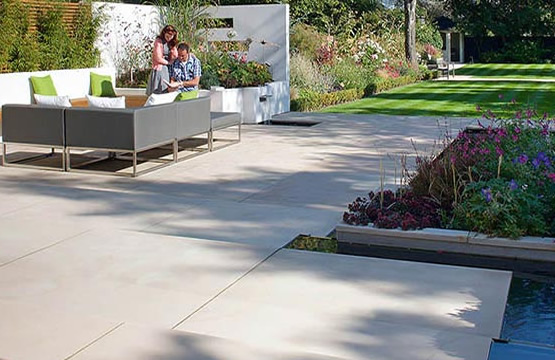 Porcelain patio and landscaped garden service illustration